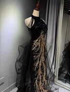 Black Gold Embroidered A-Line Prom Dresses Glittering Dress Formal Floor Length Sleeveless High Neck Sequined with Glitter Tassel