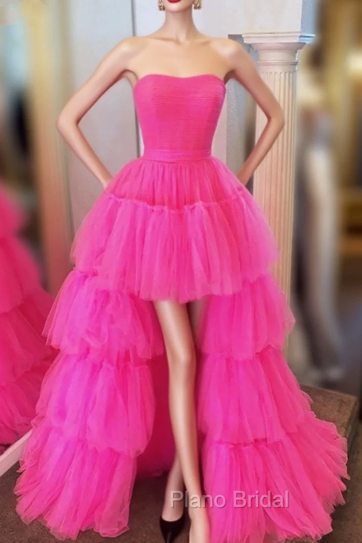 Fuchsia A-line High Low Strapless Tulle Formal Prom Dresses with Ruffles Main image