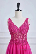 Fuchsia A-Line Long Formal Prom Dresses Plunging V Neck Floral