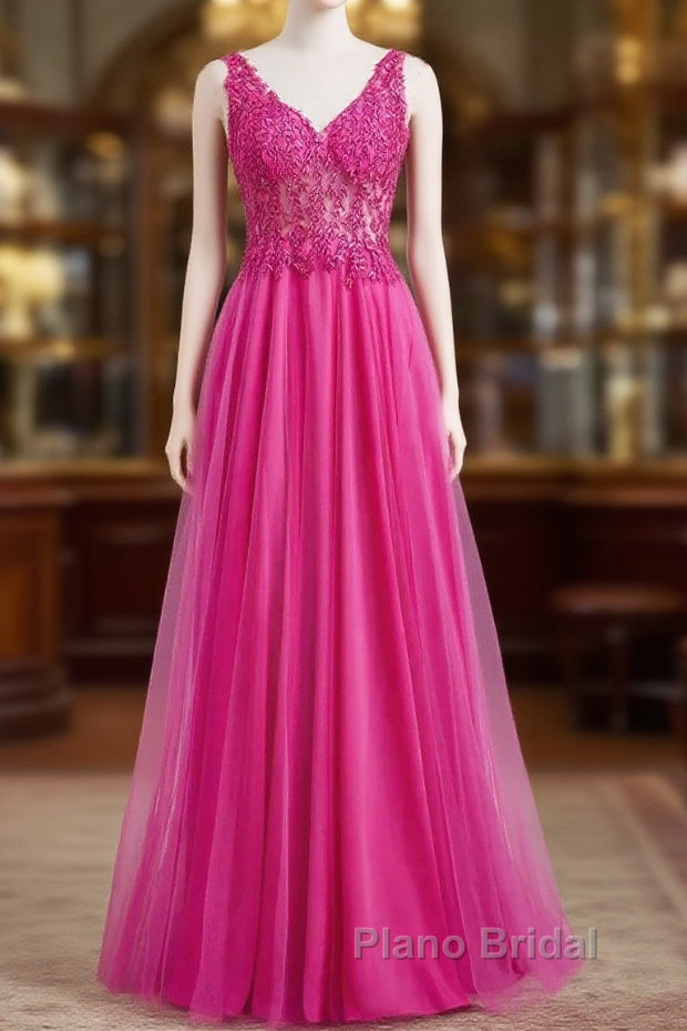 Fuchsia A-Line Long Formal Prom Dresses Plunging V Neck Floral Main image