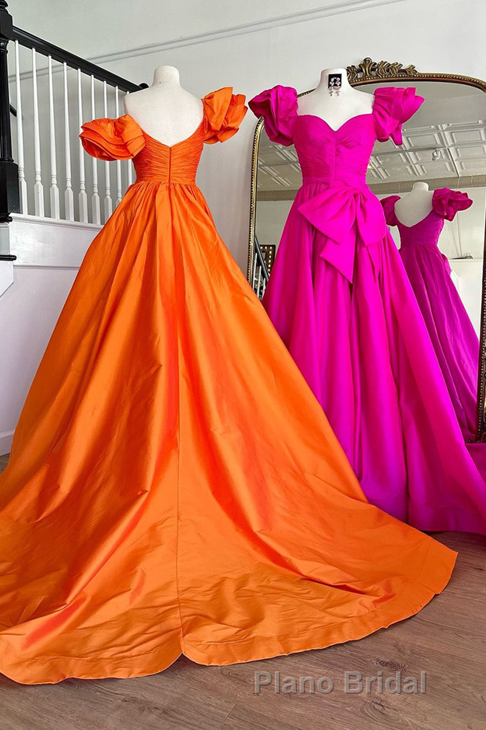 Fuchsia A Line Long Formal Prom Dresses with Puff Sleeves