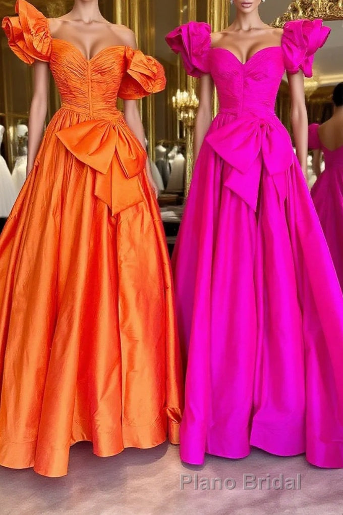Fuchsia A Line Long Formal Prom Dresses with Puff Sleeves Main image