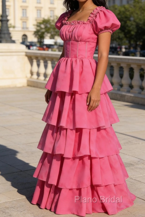 Fuchsia A Line Square Neck Tiered Prom Dress With Ruffles Secondary image