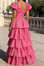 Fuchsia A Line Square Neck Tiered Prom Dress With Ruffles