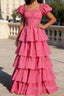 Fuchsia A Line Square Neck Tiered Prom Dress With Ruffles