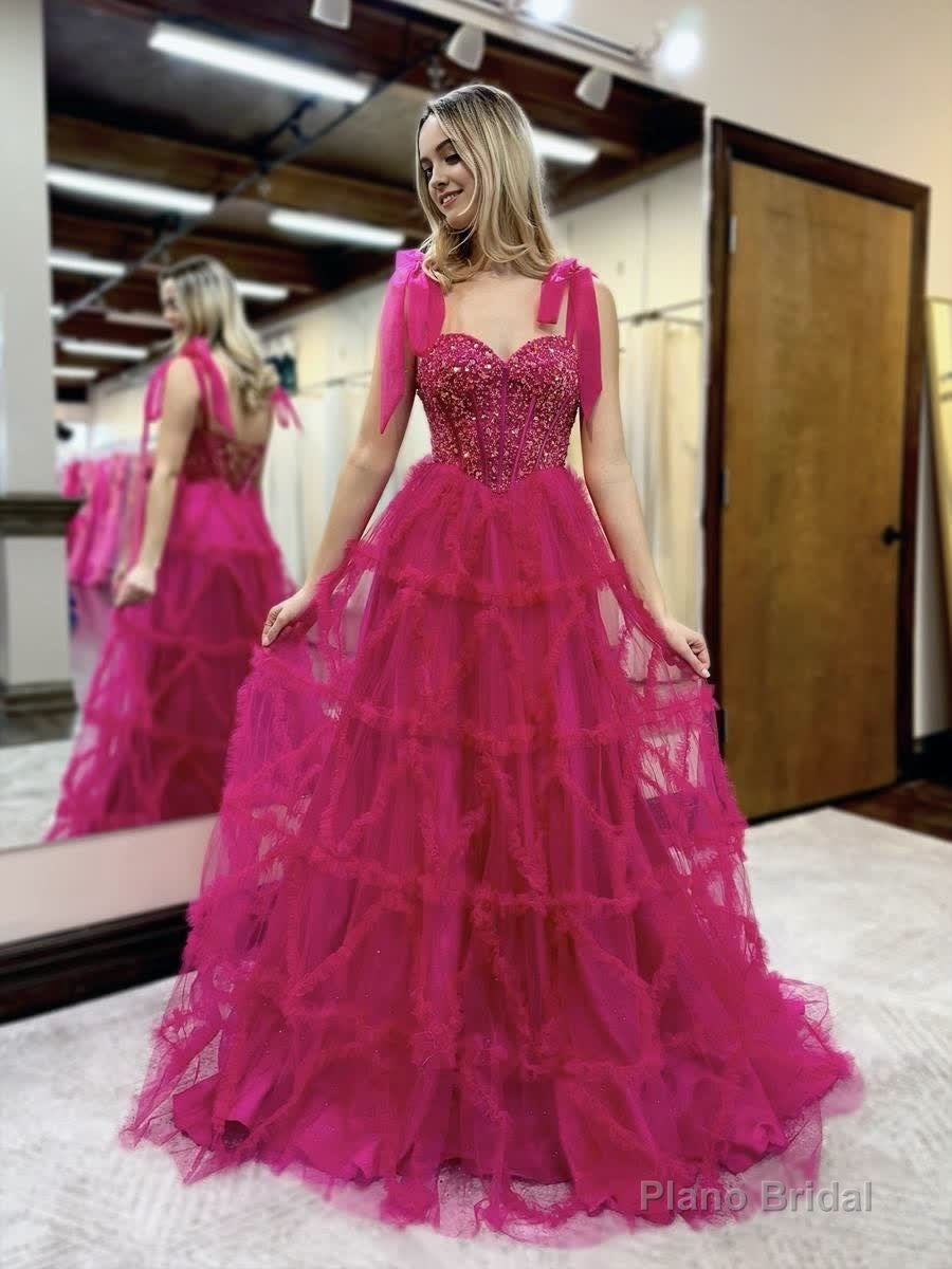 Fuchsia A Line Sweetheart Tiered Tulle Long Prom Dresses Main image