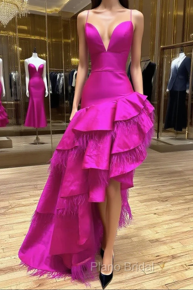 Fuchsia A Line V Neck Irregular Long Formal Prom Dresses Main image
