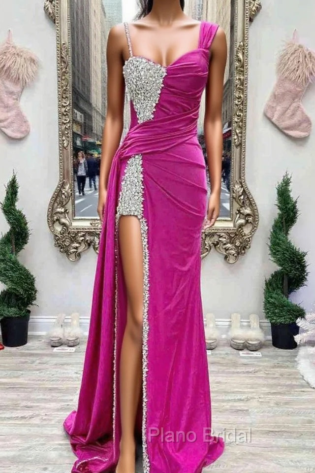 Fuchsia Asymmertrical Beaded Crystal Formal Prom Dresses Main image