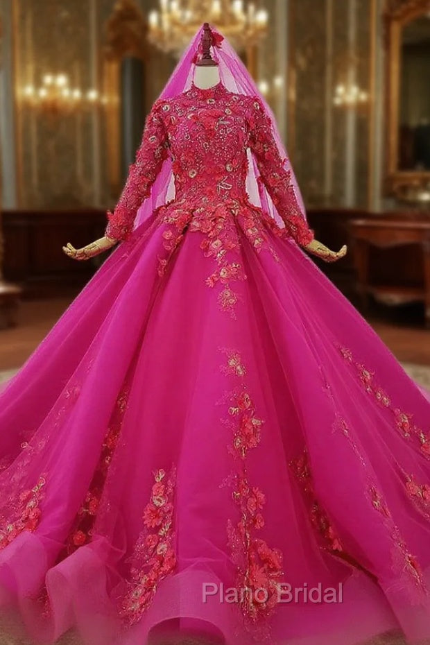 Fuchsia Ball Gown High Neck Long Sleeve Appliques Beading Wedding Dresses