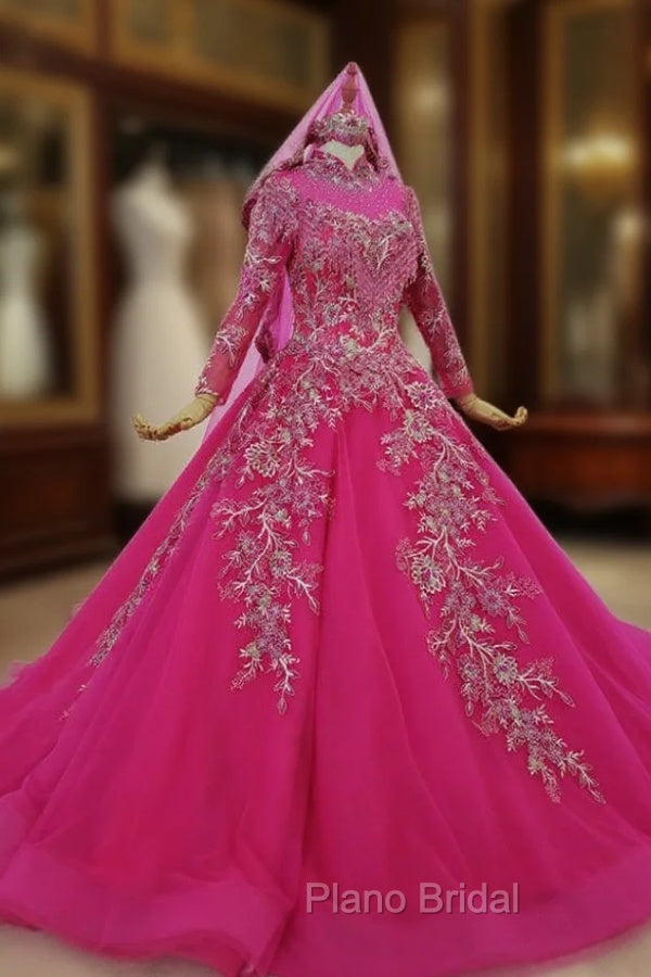 Fuchsia Ball Gown High Neck Long Sleeve Embroidery Appliques Wedding Dresses