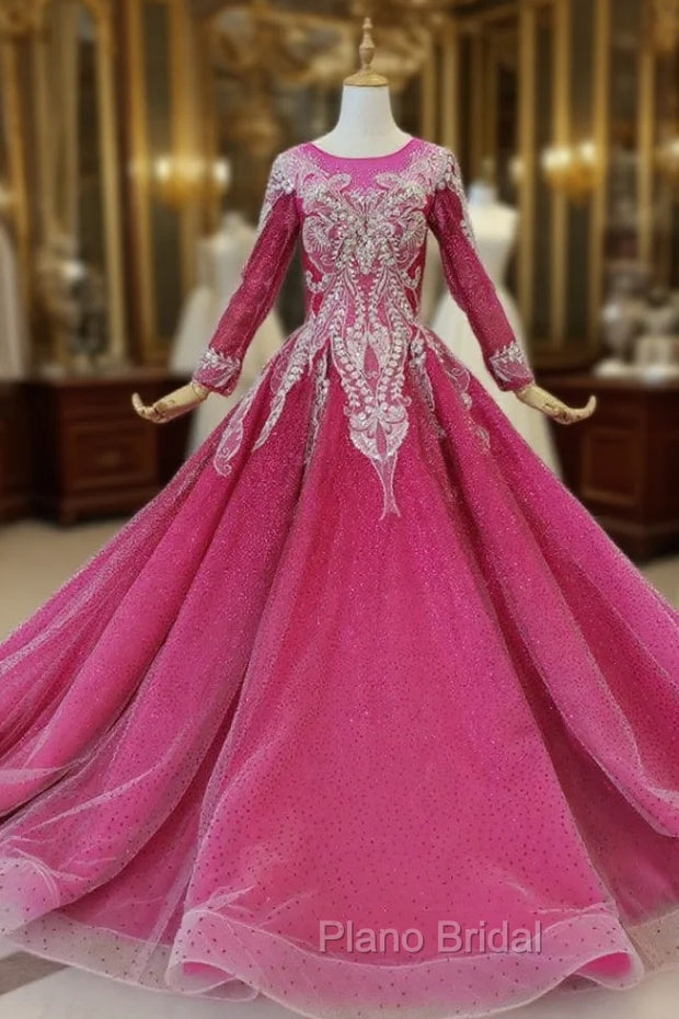 Fuchsia Ball Gown Sequins Long Sleeve Beading Wedding Dresses Main image