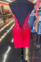 Fuchsia Beaded Plunge V Lace-Up Short Homecoming Dress