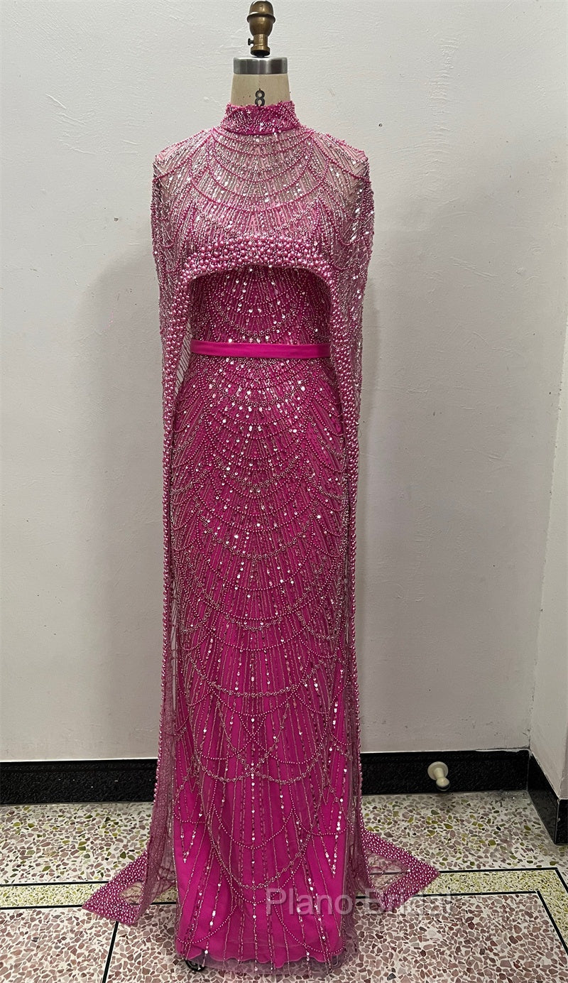 Fuchsia Beading Formal Prom Dresses Sweep Train High Neck Zipper Sleeveless Evening Dresses Secondary image
