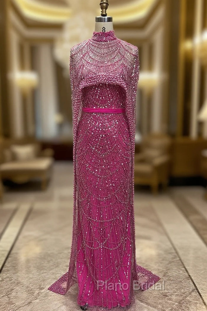 Fuchsia Beading Formal Prom Dresses Sweep Train High Neck Zipper Sleeveless Evening Dresses Main image