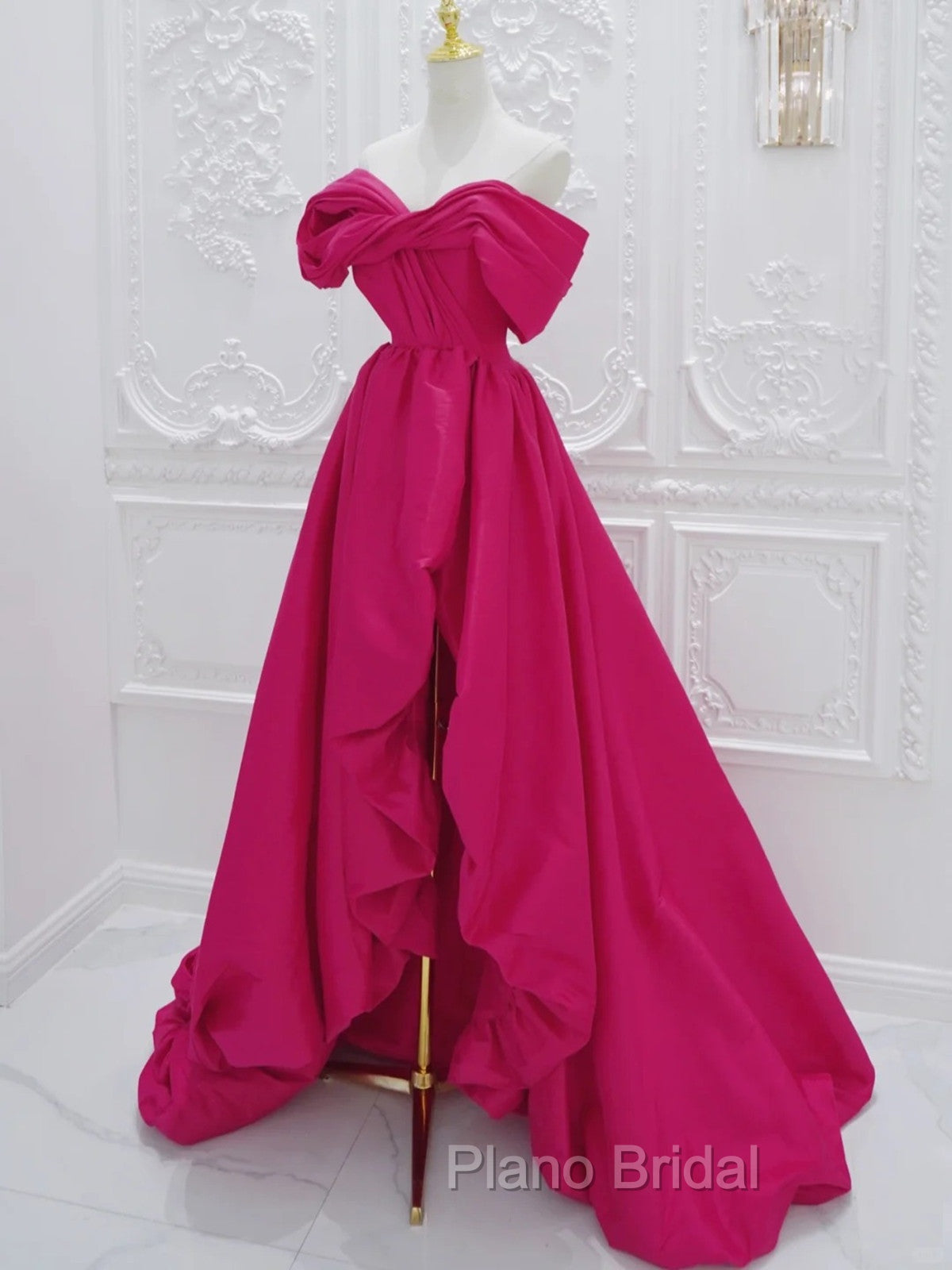 Fuchsia High Low Off Shoulder Party Dresses, High Low Formal Prom Dresses Formal Dresses Secondary image