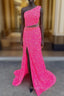 Fuchsia Mermaid Sequins Beading One Shoulder Formal Prom Dresses