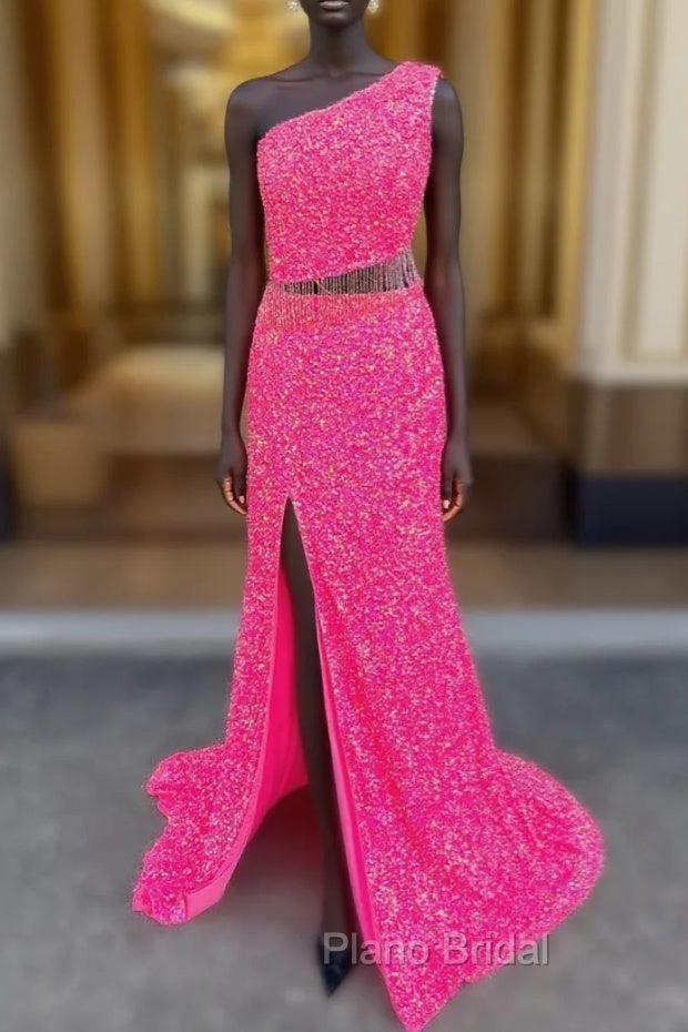 Fuchsia Mermaid Sequins Beading One Shoulder Formal Prom Dresses Main image