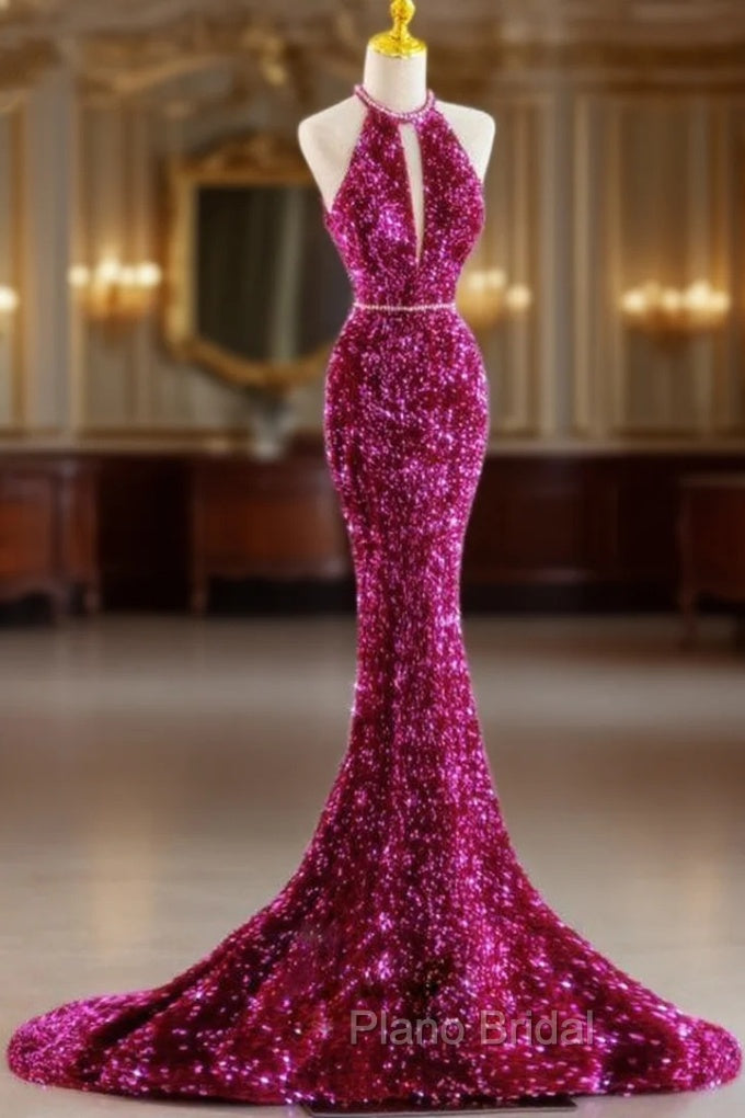 Fuchsia Mermaid Sequins Halter Formal Prom Dresses