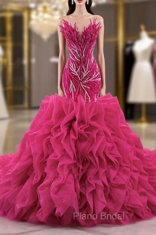 Fuchsia Mermaid Strapless Beading Formal Prom Dresses