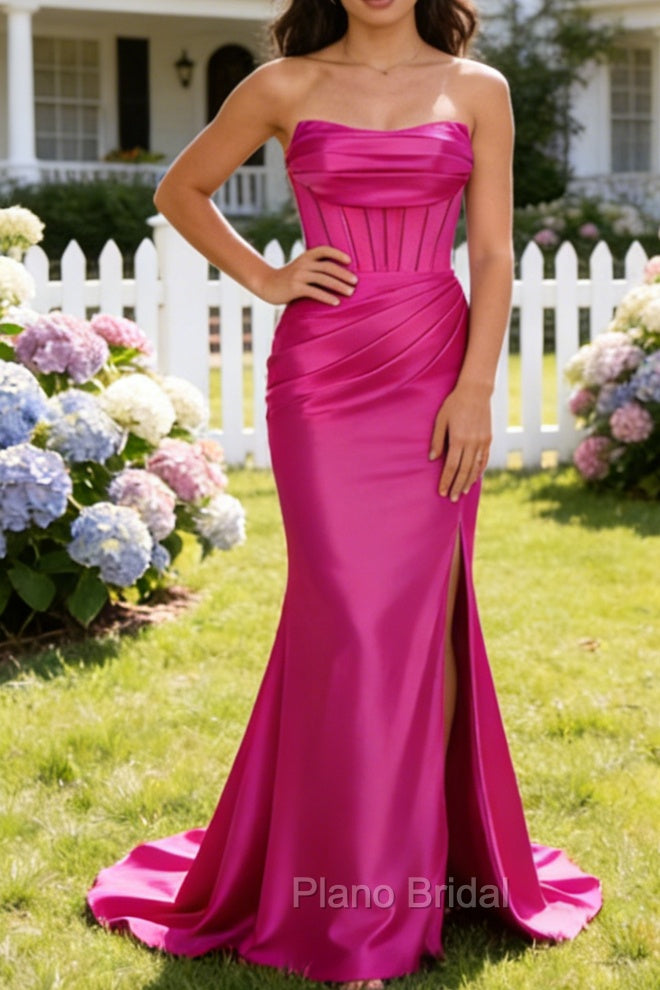 Fuchsia Mermaid Strapless Pleated Corset Long Prom Dress with Slit Main image
