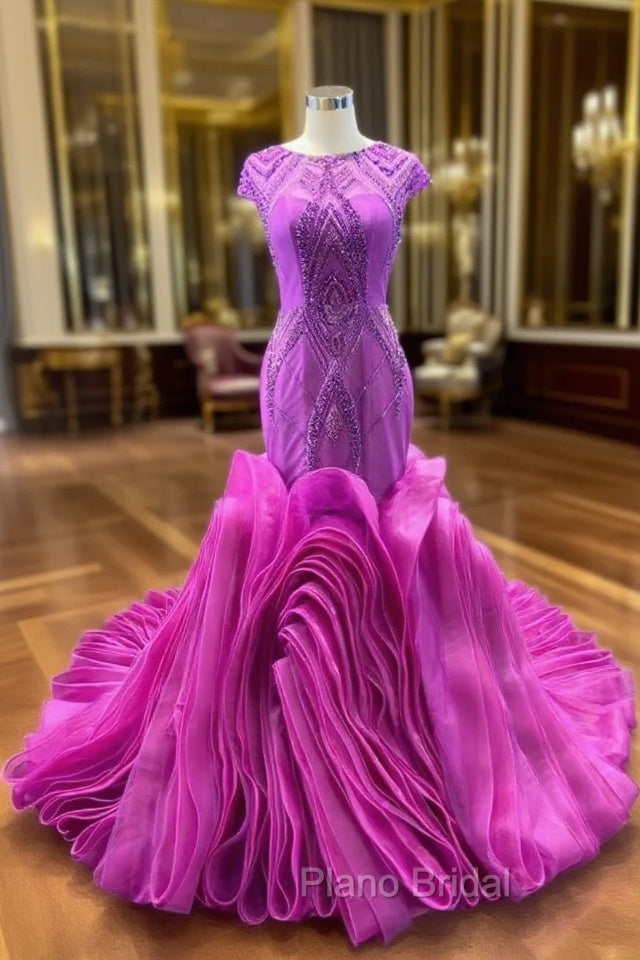 Fuchsia Mermaid Tulle Beading Formal Prom Dresses Main image