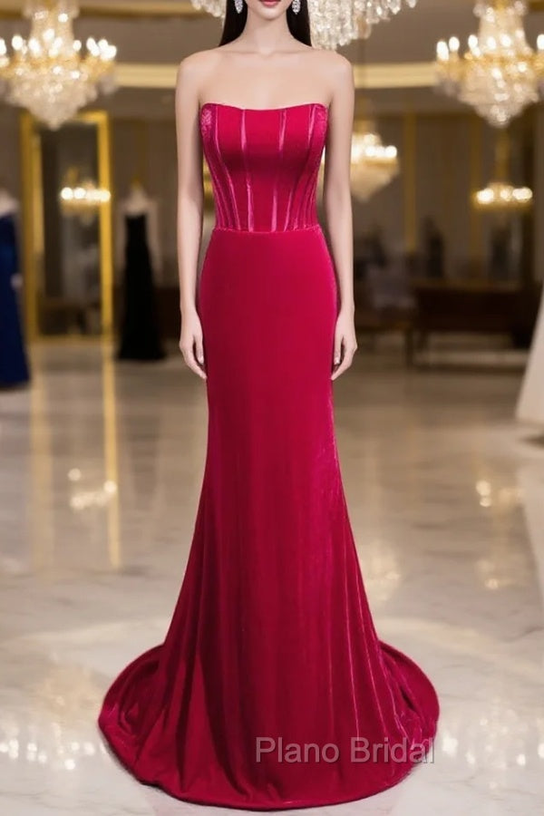 Fuchsia Mermaid Velvet Strapless Formal Prom Dresses Main image