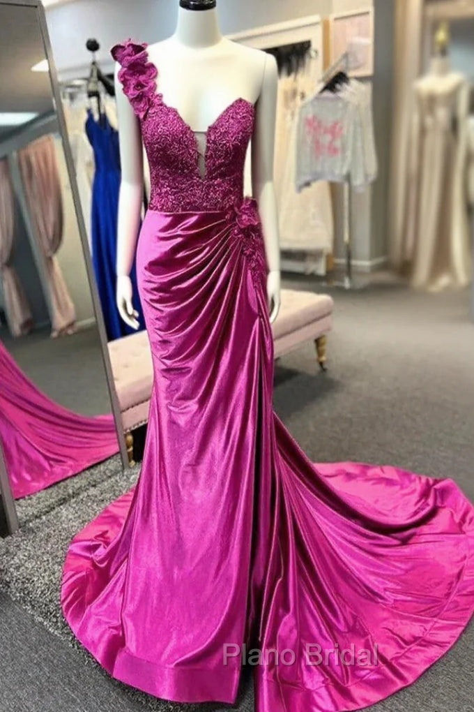 Fuchsia One Shoulder Satin Flower Formal Prom Dresses