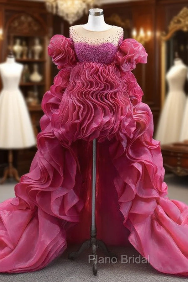 Fuchsia Organza Pearls  Formal Prom Dresses