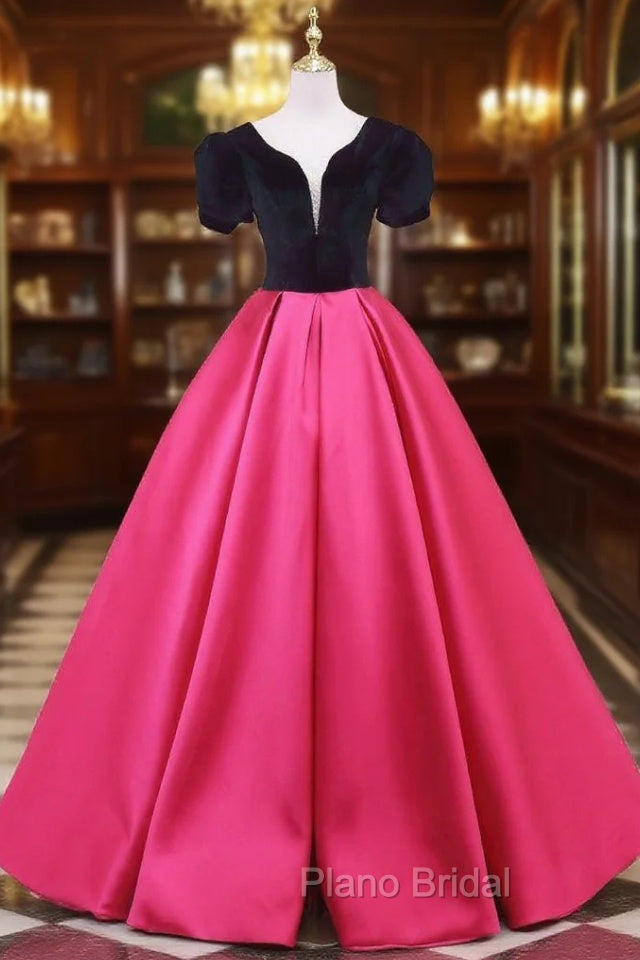 Fuchsia Satin Black Velvet Short Sleeve Formal Prom Dresses Main image