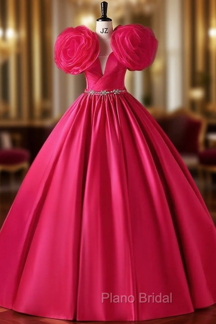 Fuchsia Satin Flower Beading Quinceanera Dresses