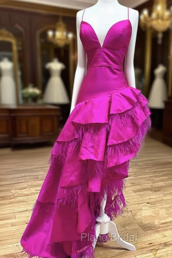 Fuchsia Satin  Spaghetti Straps Feather Formal Prom Dresses Main image