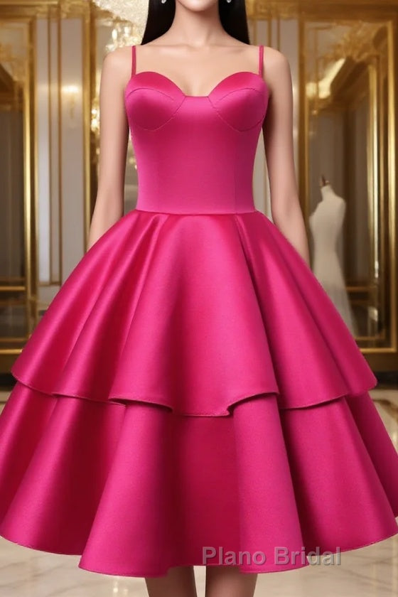 Fuchsia Satin Homecoming Dress Sweetheart Neck Tiered Short Graduation Dresses Main image