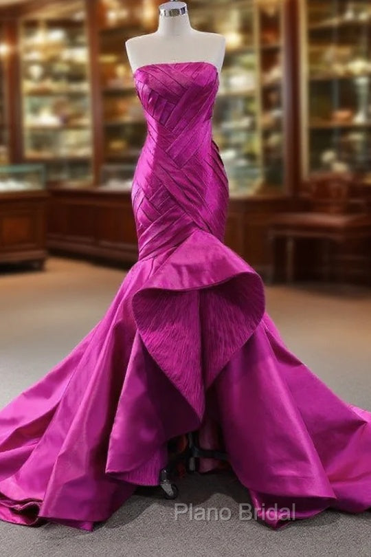 Fuchsia Satin Mermaid  Pleats Formal Prom Dresses Main image