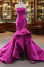 Fuchsia Satin Mermaid  Pleats Formal Prom Dresses