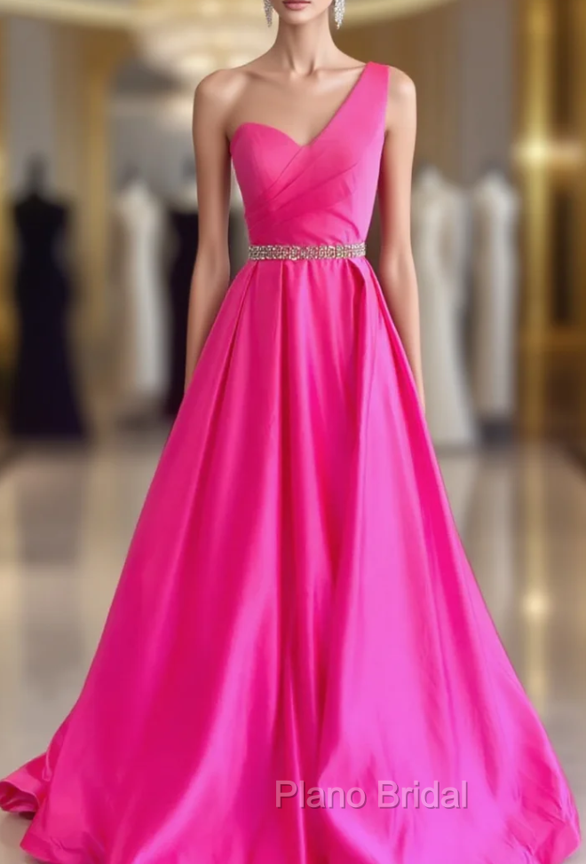Fuchsia Satin One Shoulder Pleats Formal Prom Dresses Main image