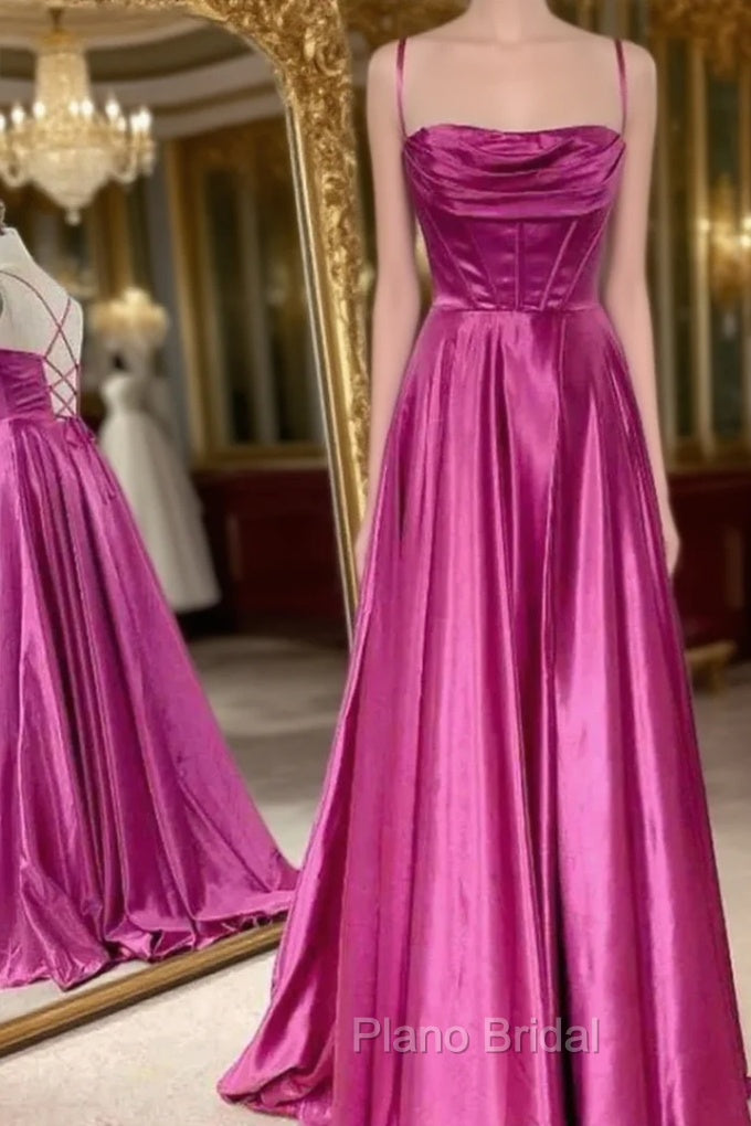 Fuchsia Satin Spaghetti Straps Formal Prom Dresses Main image