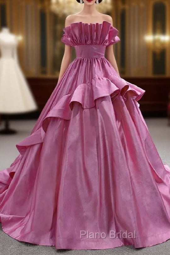 Fuchsia Satin Strapless Pleats Formal Prom Dresses Main image