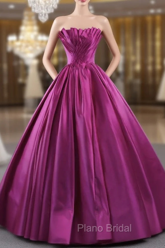 Fuchsia Satin Strapless Pleats Formal Prom Dresses Main image