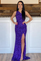 Fuchsia Sequin Long Prom Dress with Slit