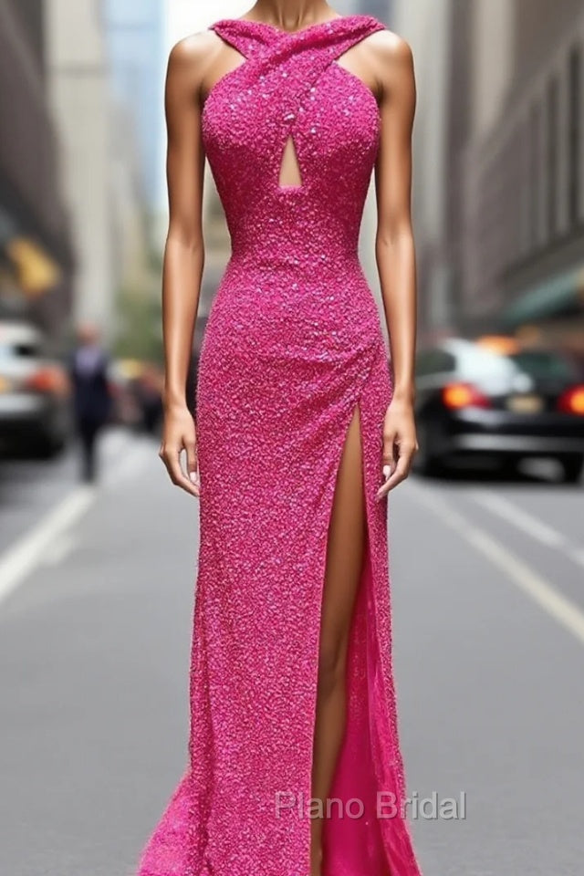 Fuchsia Sequins Backless Formal Prom Dresses Main image