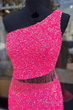 Fuchsia Sequins One Shoulder Cut-Out Tassels Long Formal Prom Dresses With Slit
