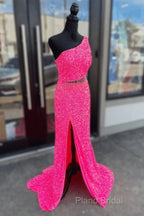 Fuchsia Sequins One Shoulder Cut-Out Tassels Long Formal Prom Dresses With Slit