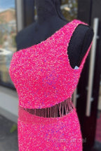 Fuchsia Sequins One Shoulder Cut-Out Tassels Long Formal Prom Dresses With Slit
