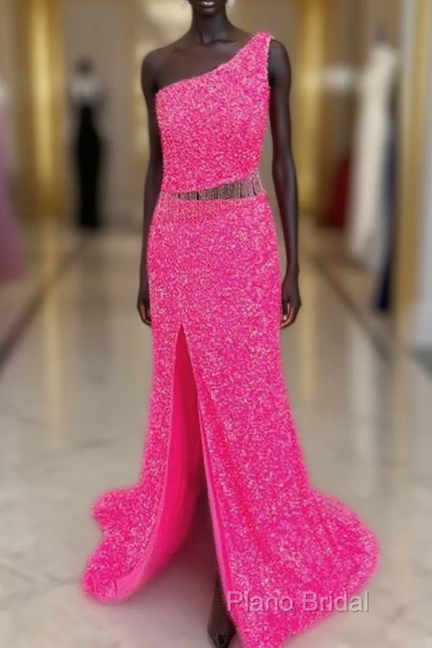 Fuchsia Sequins One Shoulder Cut-Out Tassels Long Formal Prom Dresses With Slit Main image