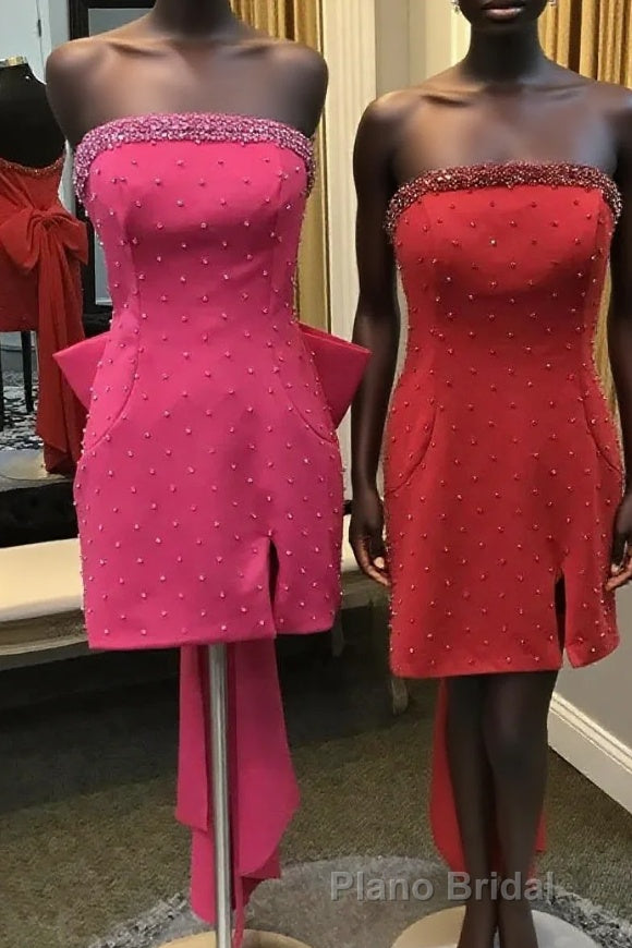 Fuchsia Strapless Beaded Bodycon Short Homecoming Dresses with Bow Main image