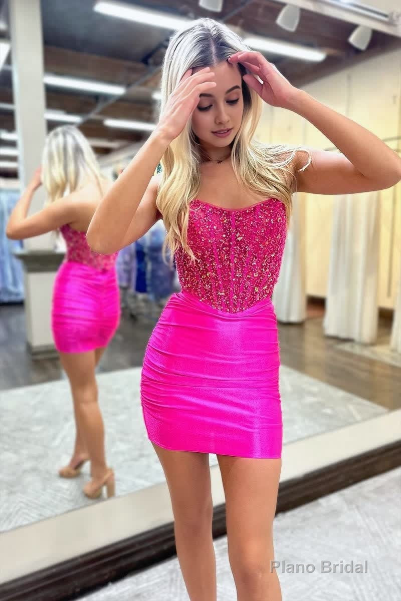 Fuchsia Strapless Sequins Bodycon Short Homecoming Dresses Main image