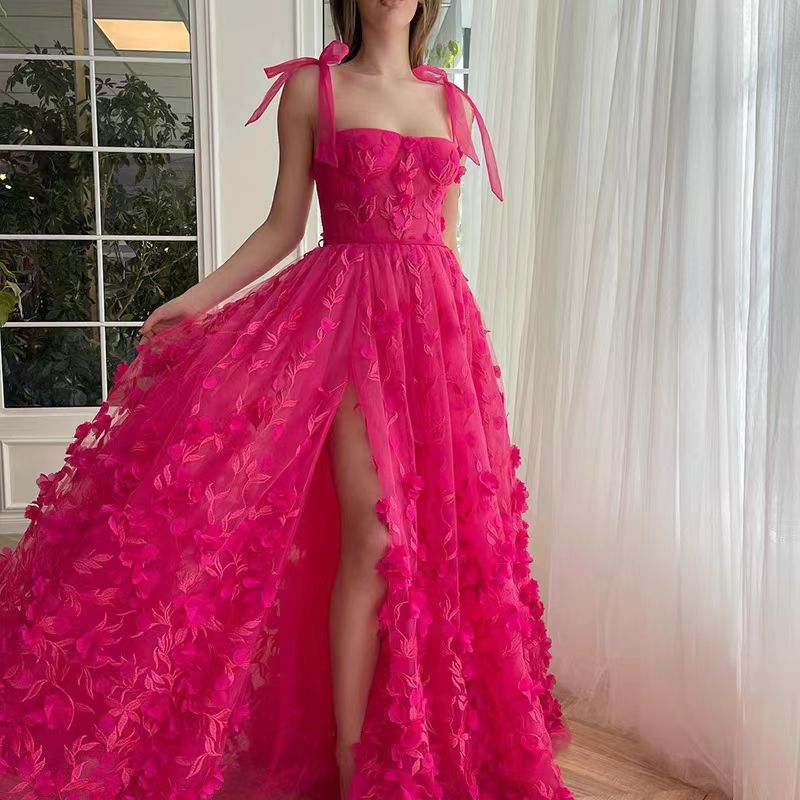 Fuchsia Tie Up Straps Lace Formal Prom Dresses Secondary image