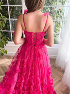 Fuchsia Tie Up Straps Lace Formal Prom Dresses