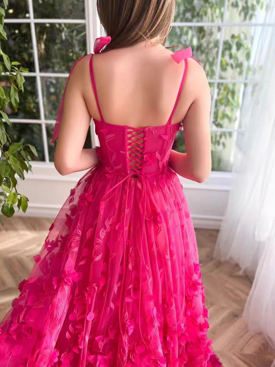 Fuchsia Tie Up Straps Lace Formal Prom Dresses
