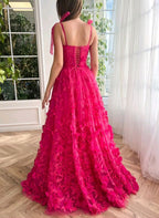 Fuchsia Tie Up Straps Lace Formal Prom Dresses